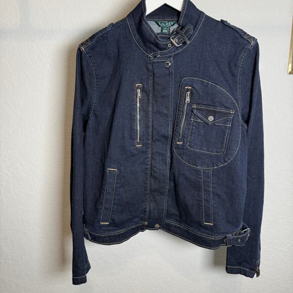 Lauren Ralph Lauren Denim Blue Jean Snap and Zip Motorcycle Jacket Size 16. NEW - Picture 1 of 10